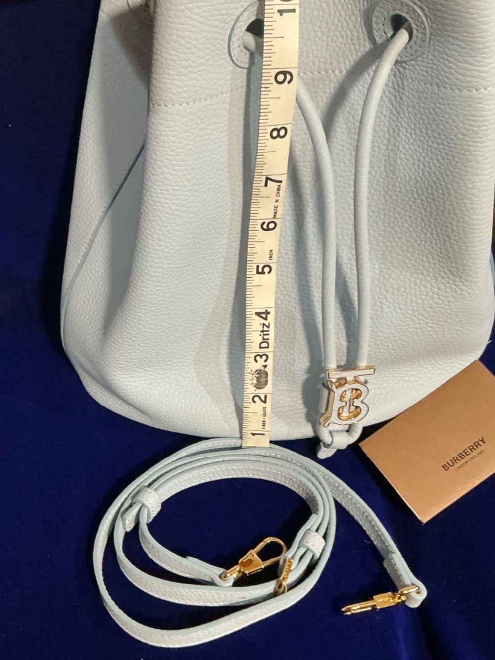 New Burberry small Drawstring Leather TB Bucket Bag pale blue - Picture 10 of 11